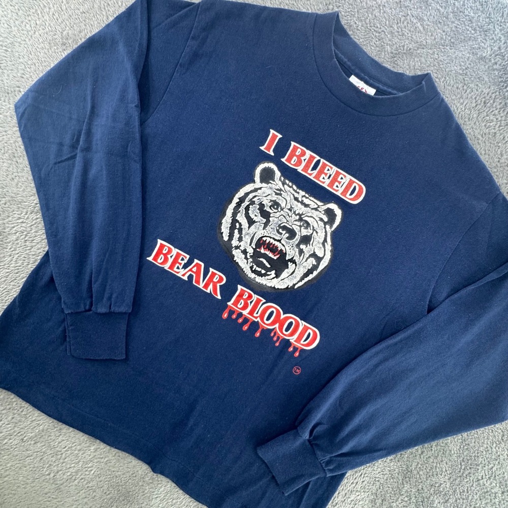 Tee Jays Long Sleeve T-Shirt Mens L Navy Blue Excellent I Bleed Bear Blood USA - Picture 1 of 10